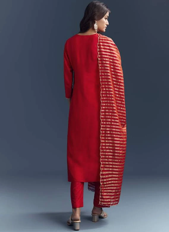 Bright Orange Silk Designer Kurta Set - Image 3