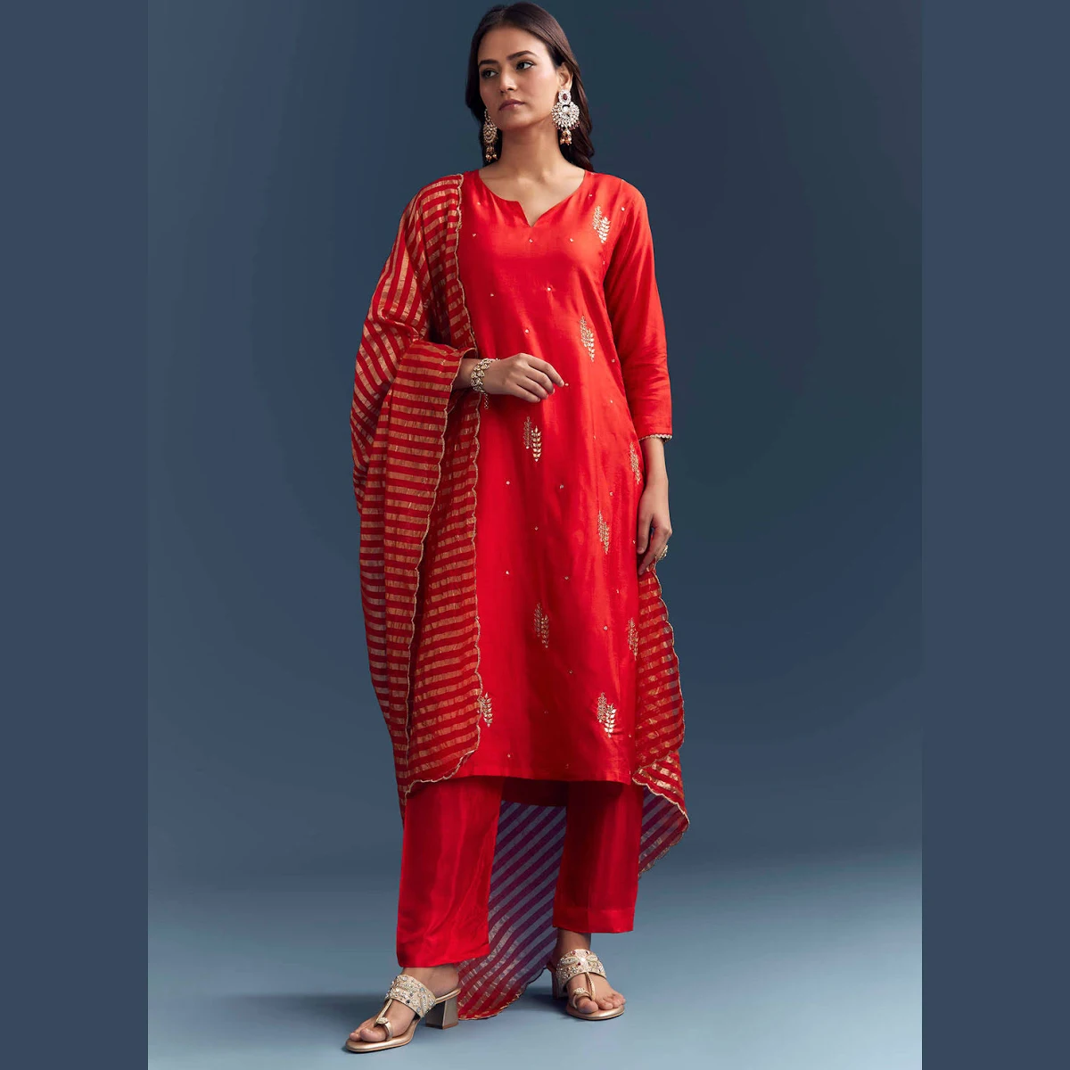Bright Orange Silk Designer Kurta Set